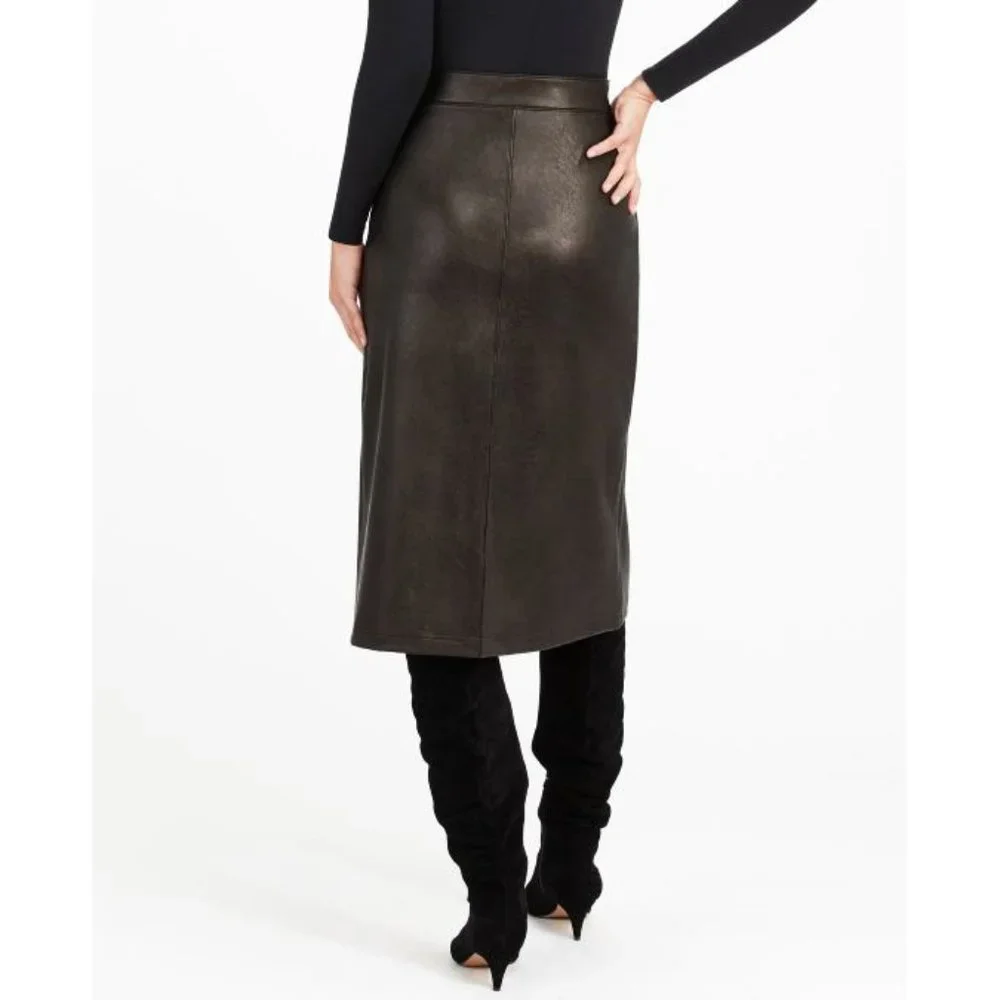 Spanx Leather-Like Midi Skirt Noir A-Line Shiny High-Waist Pencil Mid-Length S